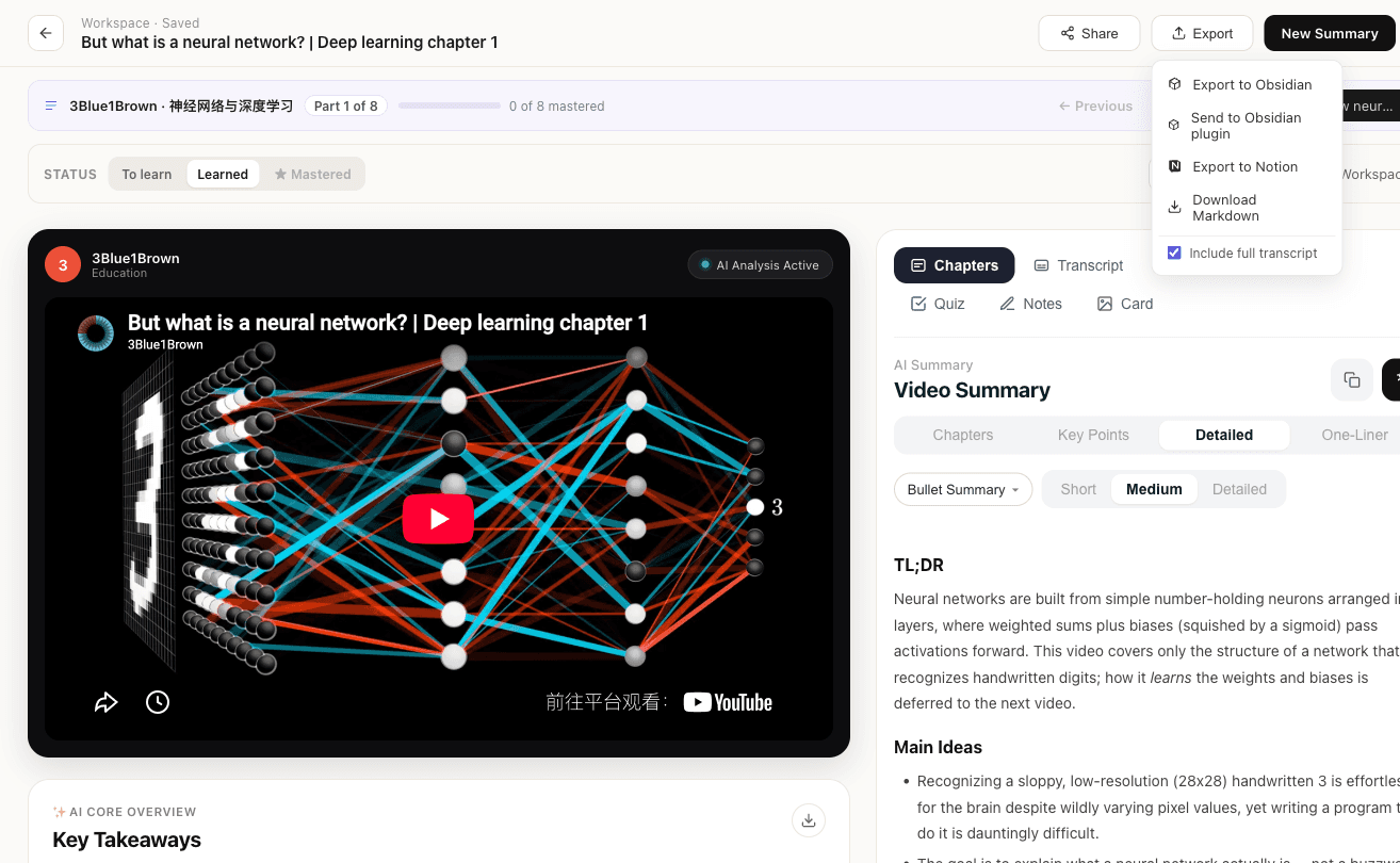 The Export menu on a video page — “Export to Notion” sits alongside the Obsidian and Markdown options.