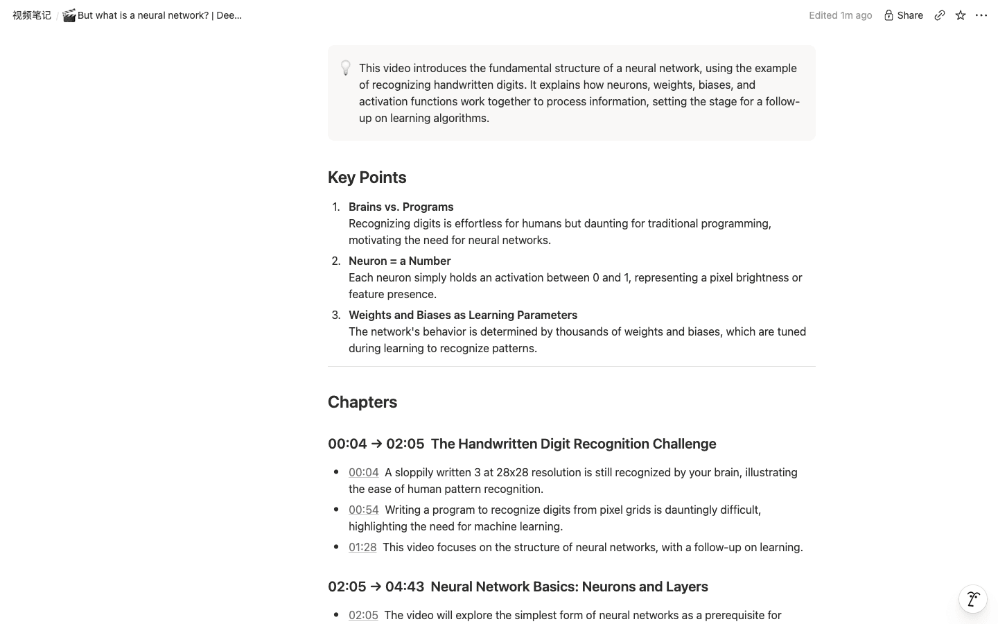 The TL;DR in a 💡 callout, key insights as a numbered list, then chapters — every timestamp links back to that second of the video.