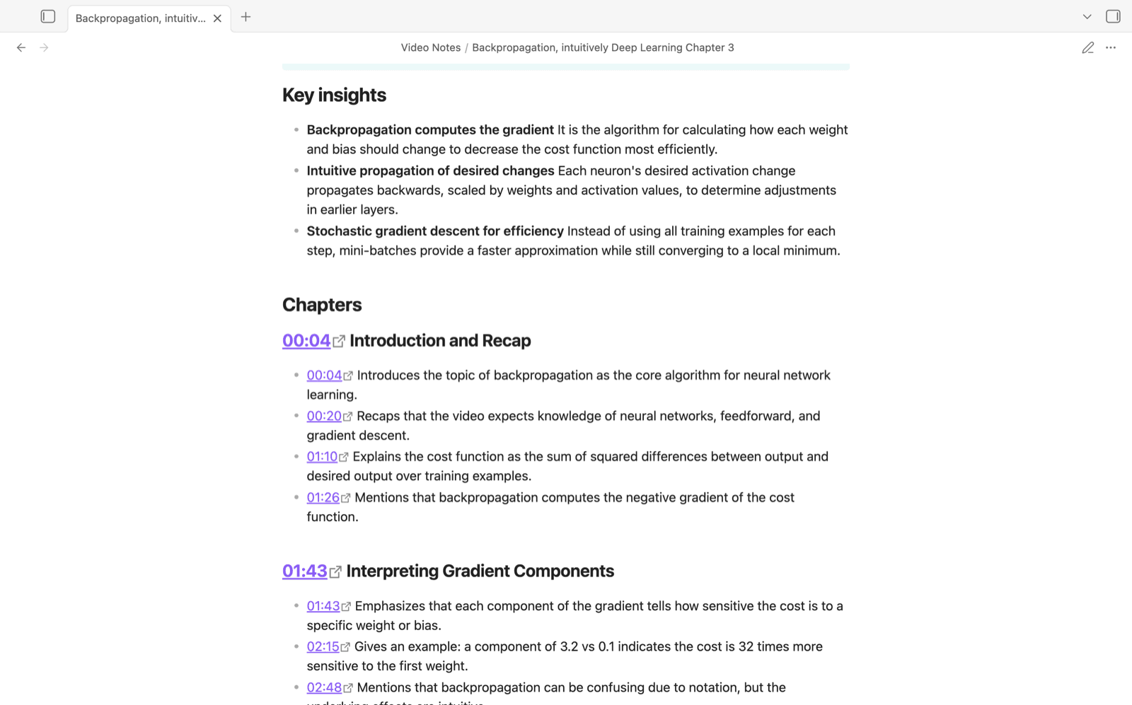 Key insights and chapters, each with a clickable timestamp
