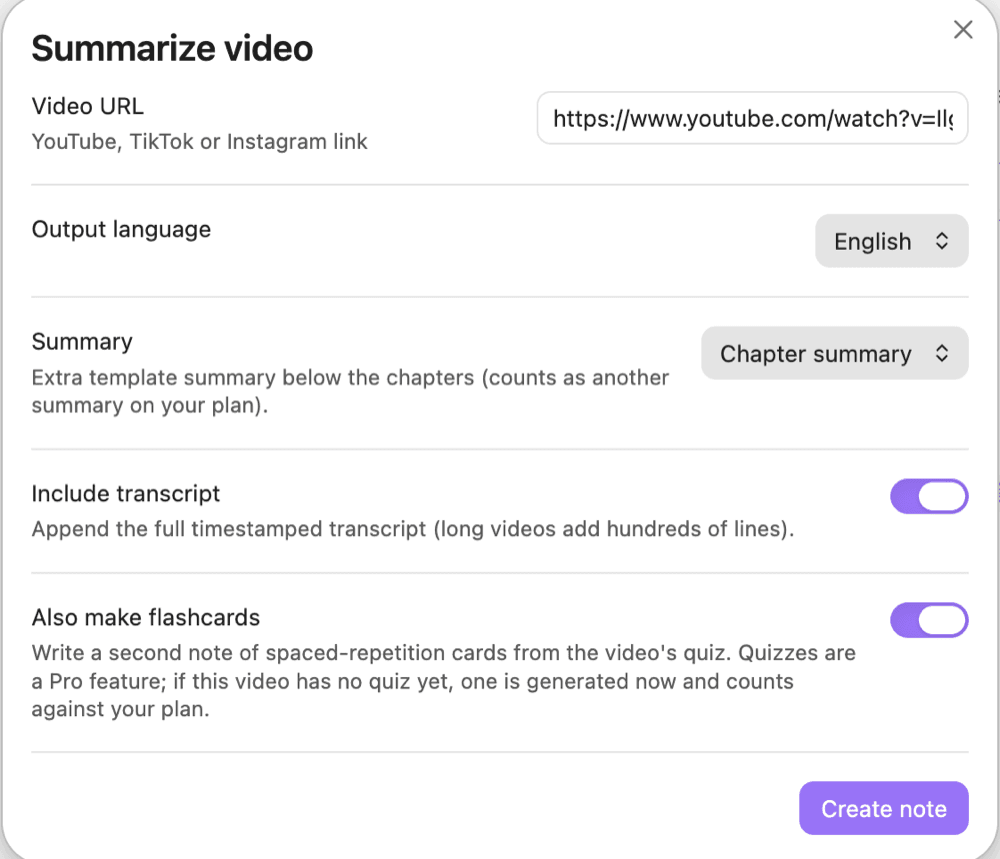 Also make flashcards in the Summarize video dialog