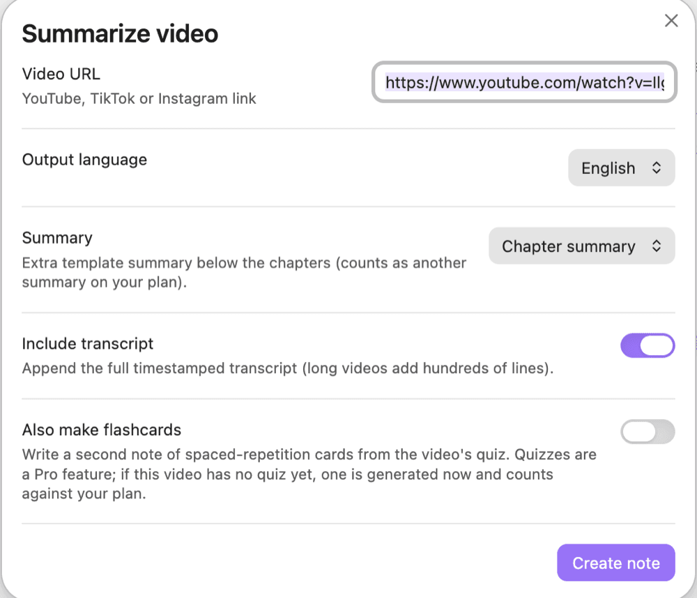 The Summarize video dialog: link, output language and summary template