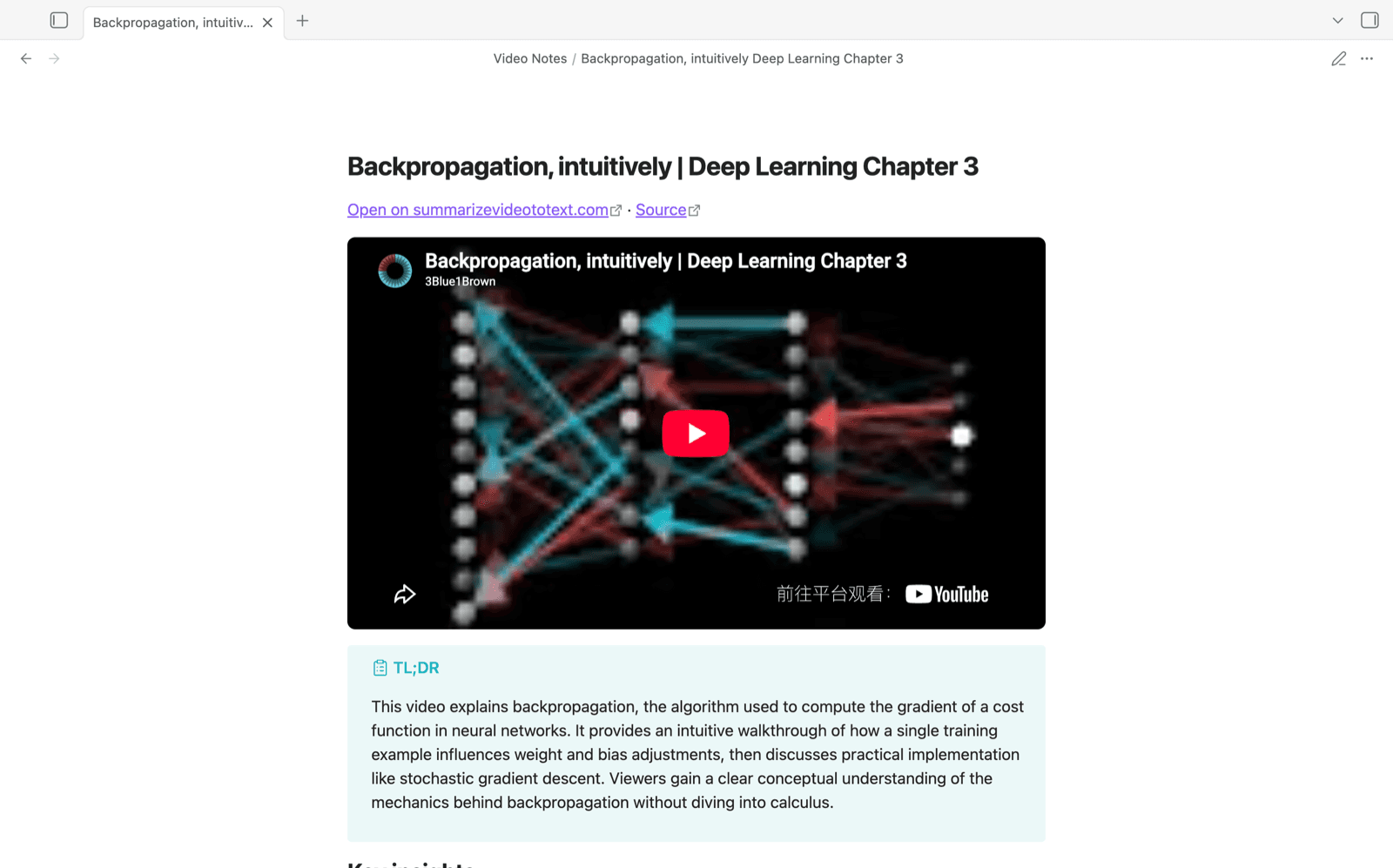 A finished video note: embedded player, TL;DR callout and key insights