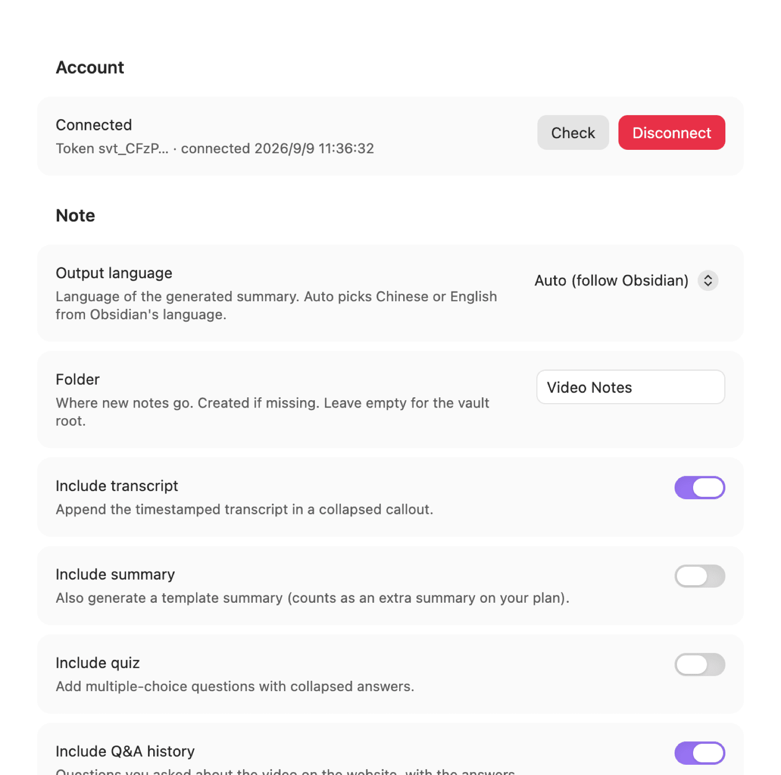 Plugin settings with a connected account and the note options below