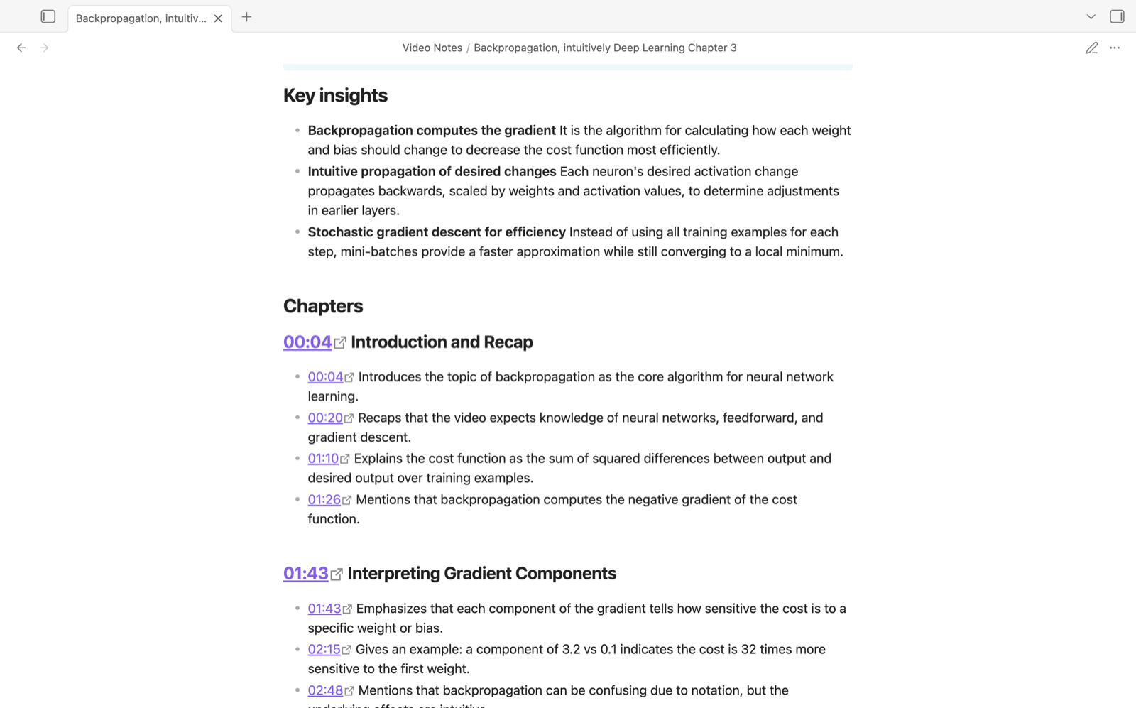 Key insights and chapters with timestamp links